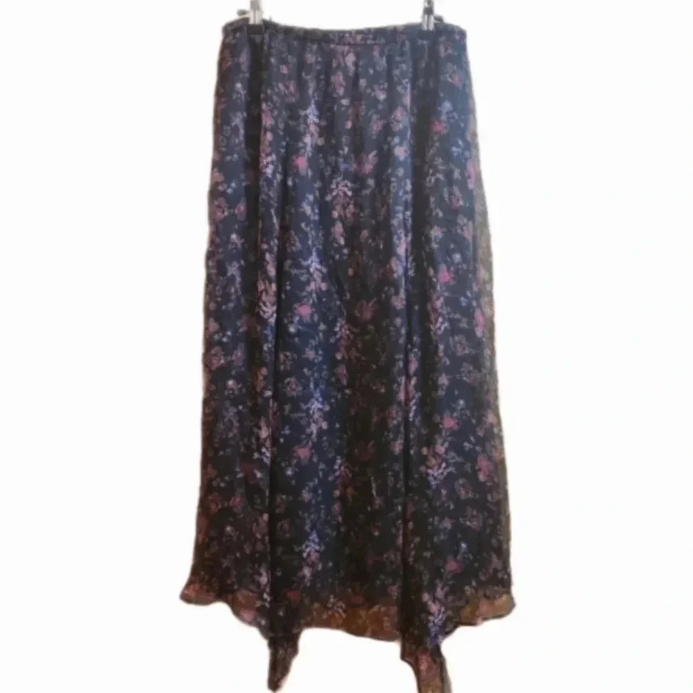 Peruvian Connection Dark Black Floral Midi Silk Skirt